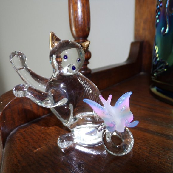 Crystal Cat w/ Butterfly 24 kt Gold Trim Accents
